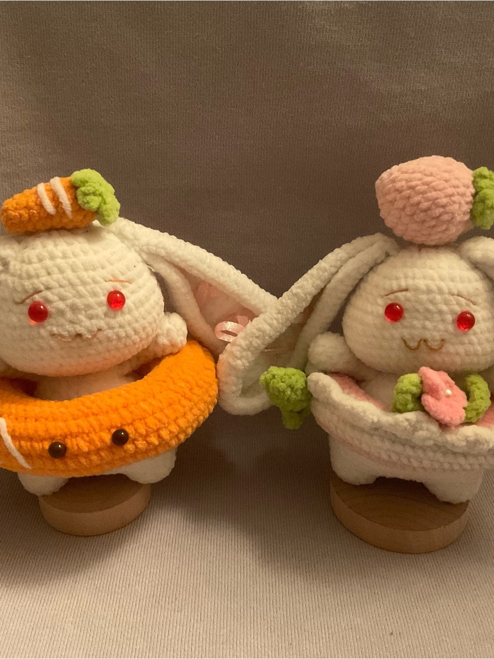 Crochet bunnies with floaties carrot and strawberry handmade amigurumi